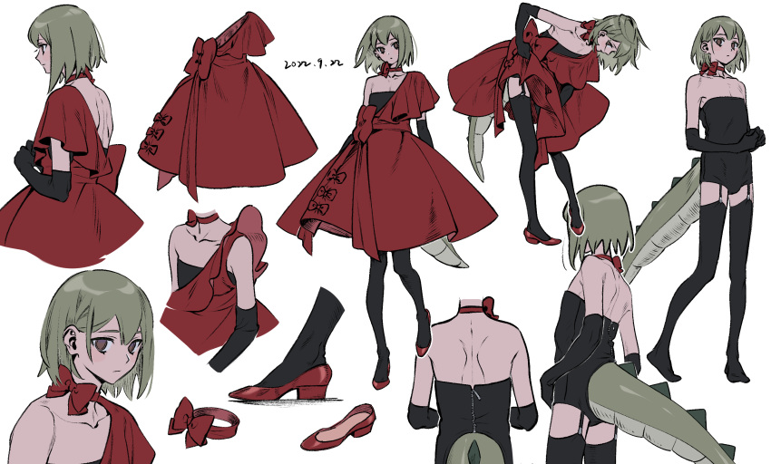 1boy bare_shoulders black_bridal_gauntlets black_leotard black_thighhighs bow brown_eyes collage cropped_legs double-parted_bangs dragon_boy dragon_tail dress fashion frilled_dress frills full_body green_hair hana_(adey) highres leaning_forward leotard looking_at_viewer medium_hair original otoko_no_ko red_bow red_dress red_footwear reference_sheet sketch standing tail ten_(lu2948d) thighhighs white_background zipper