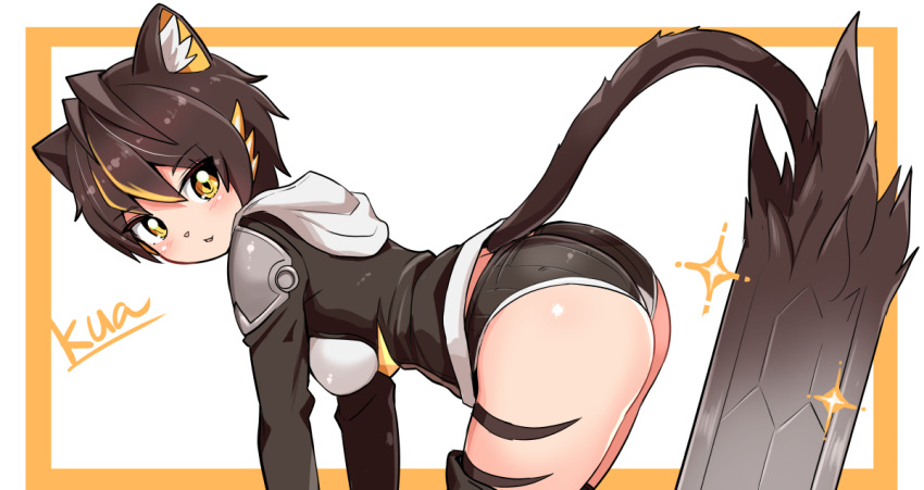 1girl ass bent_over black_hair black_jacket black_panties black_thighhighs body_markings border cat_girl cat_tail character_name commentary cougar_(cougar1404) from_side hood hood_down hooded_jacket jacket kua_(cougar1404) leaning_forward long_sleeves looking_at_viewer multicolored_hair no_pants open_mouth orange_border orange_hair original outside_border panties ribbed_panties short_hair smile solo sparkle standing streaked_hair sword tail thighhighs underwear weapon yellow_eyes