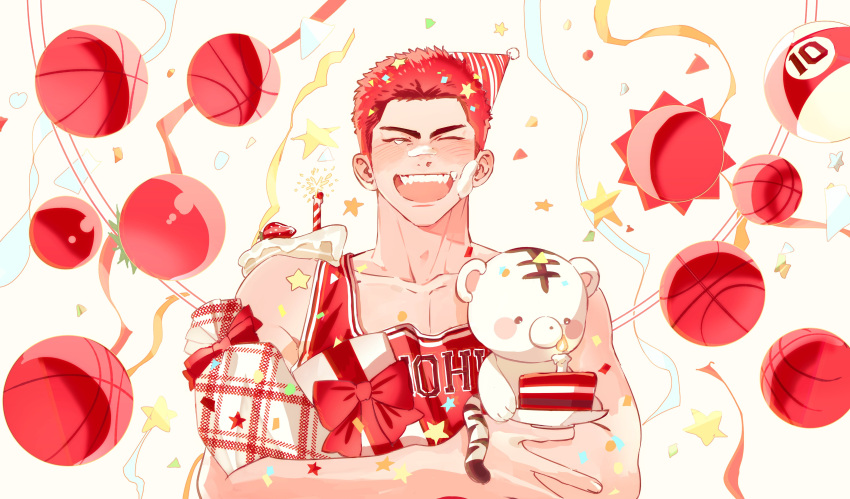 1boy absurdres ball birthday birthday_cake blush cake confetti food gift hat hechu_237 highres holding holding_stuffed_toy male_focus muscular muscular_male party_hat plate red_hair red_tank_top sakuragi_hanamichi short_hair slam_dunk_(series) smile solo streamers stuffed_animal stuffed_toy tank_top teddy_bear upper_body