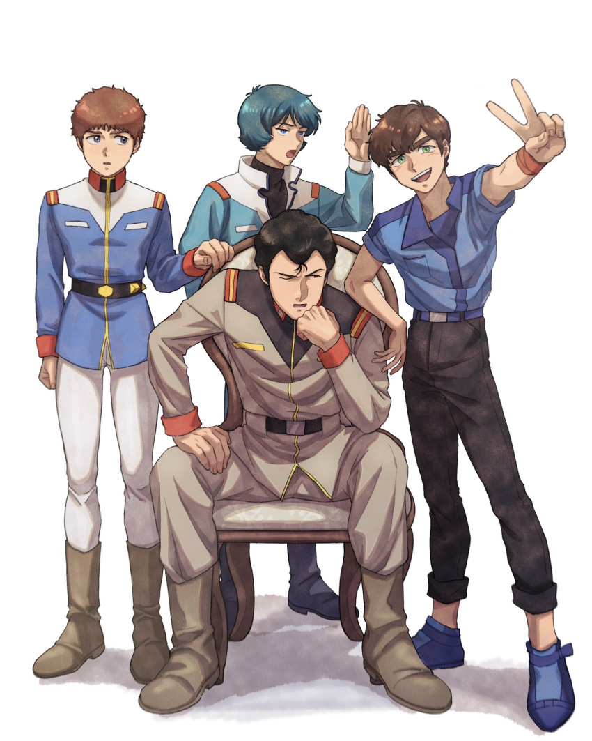 4boys amuro_ray annoyed arm_up black_hair black_pants blue_eyes blue_footwear blue_hair blue_jacket blue_jumpsuit blue_shirt boots bright_noa brown_footwear brown_hair brown_jacket brown_pants commentary_request green_eyes green_hair gundam gundam_zz highres jacket judau_ashta jumpsuit kamille_bidan kogetoriten_999 long_sleeves looking_to_the_side male_focus military_jacket military_uniform mobile_suit_gundam multiple_boys on_chair one_eye_closed open_mouth outstretched_arm pants pants_tucked_in shirt shirt_tucked_in short_hair simple_background sitting smile standing uniform v white_background white_pants wristband zeta_gundam