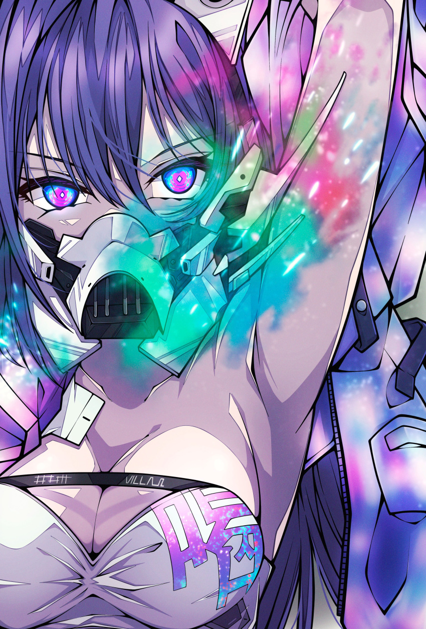 1girl absurdres arm_up armpits black_hair breasts cleavage collarbone goddess_of_victory:_nikke hair_between_eyes headgear high_ponytail highres jacket kakuzatou_(cubesugar03196) large_breasts long_hair looking_at_viewer mask mouth_mask open_clothes open_jacket purple_eyes purple_jacket sin_(nikke) solo strapless tube_top