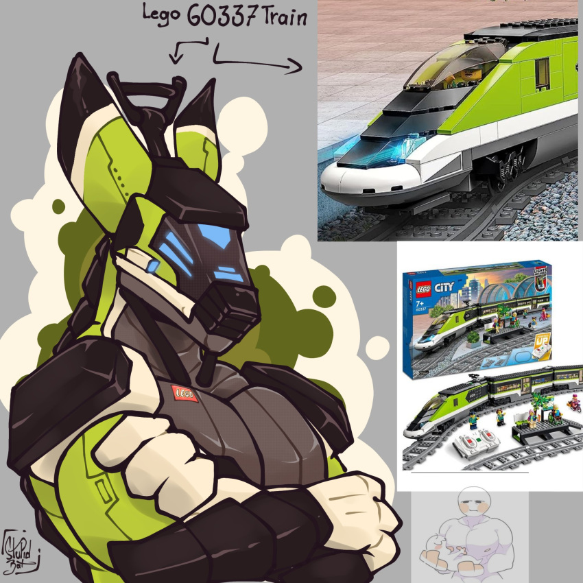 anthro belly black_markings black_nose dextremm dipstick_ears dragon electric_locomotive green_body grey_background grey_belly headlights hi_res how_to_dragon_your_train hybrid lego living_machine living_train living_vehicle locomorph locomotive machine male markings metallic_body multicolored_ears muscular muscular_anthro muscular_male pantograph photo plated_scales reptile robot scale_markings scales scalie shoulder_pads simple_background solo toy toy_train train vehicle white_markings