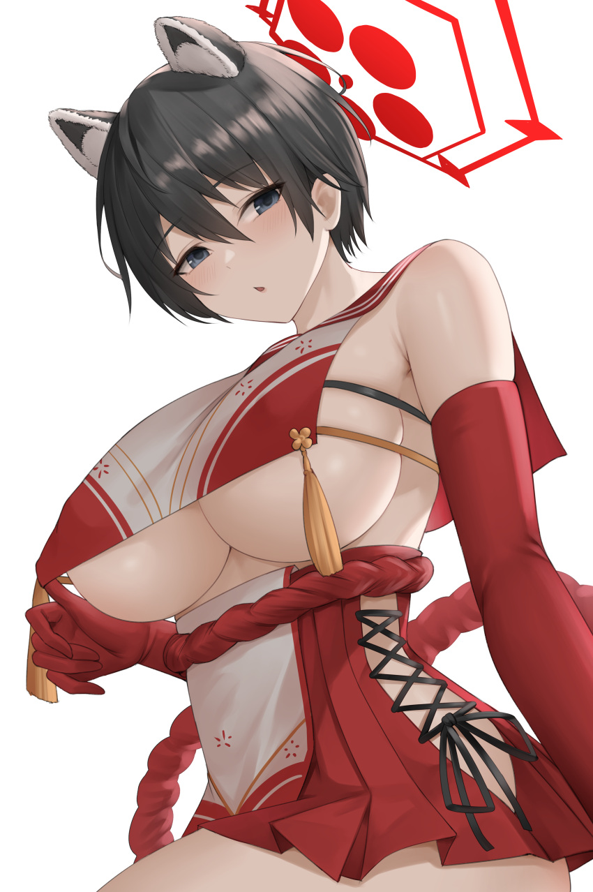 absurdres animal_ears blue_archive breast_curtain breasts brown_hair cleavage commentary crop_top crop_top_overhang elbow_gloves gloves grey_eyes halo highres large_breasts nyatokanyaru raccoon_ears red_gloves red_sailor_collar red_skirt revealing_clothes rope rope_belt sailor_collar short_hair sideboob sideless_outfit skirt tassel tsubaki_(blue_archive) two-tone_shirt underboob white_background