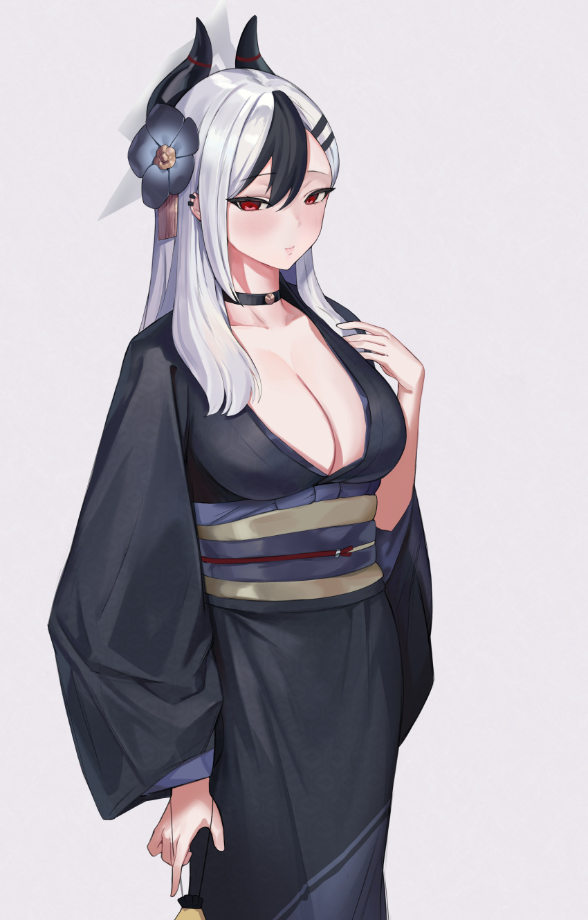 1girl absurdres alternate_breast_size black_choker black_hair black_horns black_kimono blue_archive breasts choker cleavage closed_mouth ear_piercing flower hair_between_eyes hair_flower hair_ornament halo highres horns japanese_clothes kayoko_(blue_archive) kayoko_(new_year)_(blue_archive) kimono large_breasts long_hair long_sleeves looking_at_viewer multicolored_hair obi official_alternate_costume piercing red_eyes sash shio05_(05_sio) solo streaked_hair white_hair