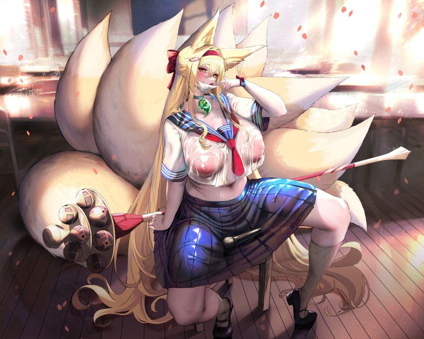 1girl absurdres animal_ear_fluff animal_ears arenbee blonde_hair breasts classroom condom condom_in_mouth fox_ears fox_girl fox_tail hair_intakes hair_ornament hairband hairclip highres hirume_of_heavenly_incense huge_breasts last_origin long_hair mary_janes mask mask_pull microphone midriff mouth_hold mouth_mask multiple_tails navel nipples petals school_uniform see-through serafuku shoes single_inverted_nipple sitting socks solo spread_legs staff surgical_mask tail very_long_hair wet wet_clothes white_socks yellow_eyes