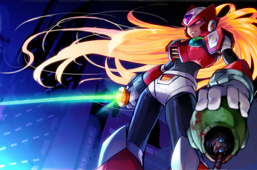 1boy android blonde_hair clenched_teeth commentary_request evil_smile feet_out_of_frame holding holding_head holding_sword holding_weapon long_hair looking_at_viewer male_focus mega_man_(series) mega_man_x_(series) pink_eyes smile sword teeth weapon yuriyuri_(ccc) z_saber zero_(mega_man)
