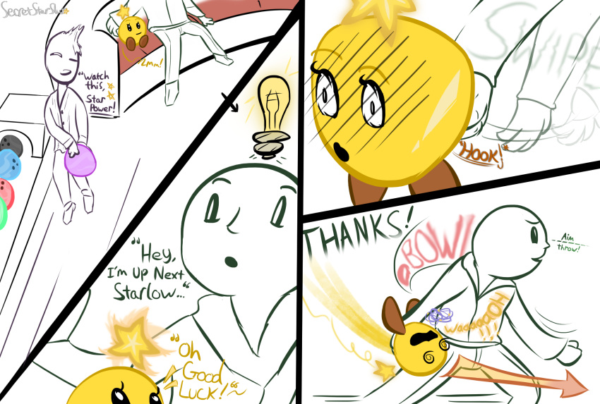 bowling bowling_ball comic confusion dialogue duo embarrassed english_text female fingering hi_res humor idea_bulb male male/female mario_(series) mario_and_luigi_(series) mario_bros nintendo secretstarslut shocked_expression star star_sprite starlow text throwing_character waddling_head yellow_body yellow_skin
