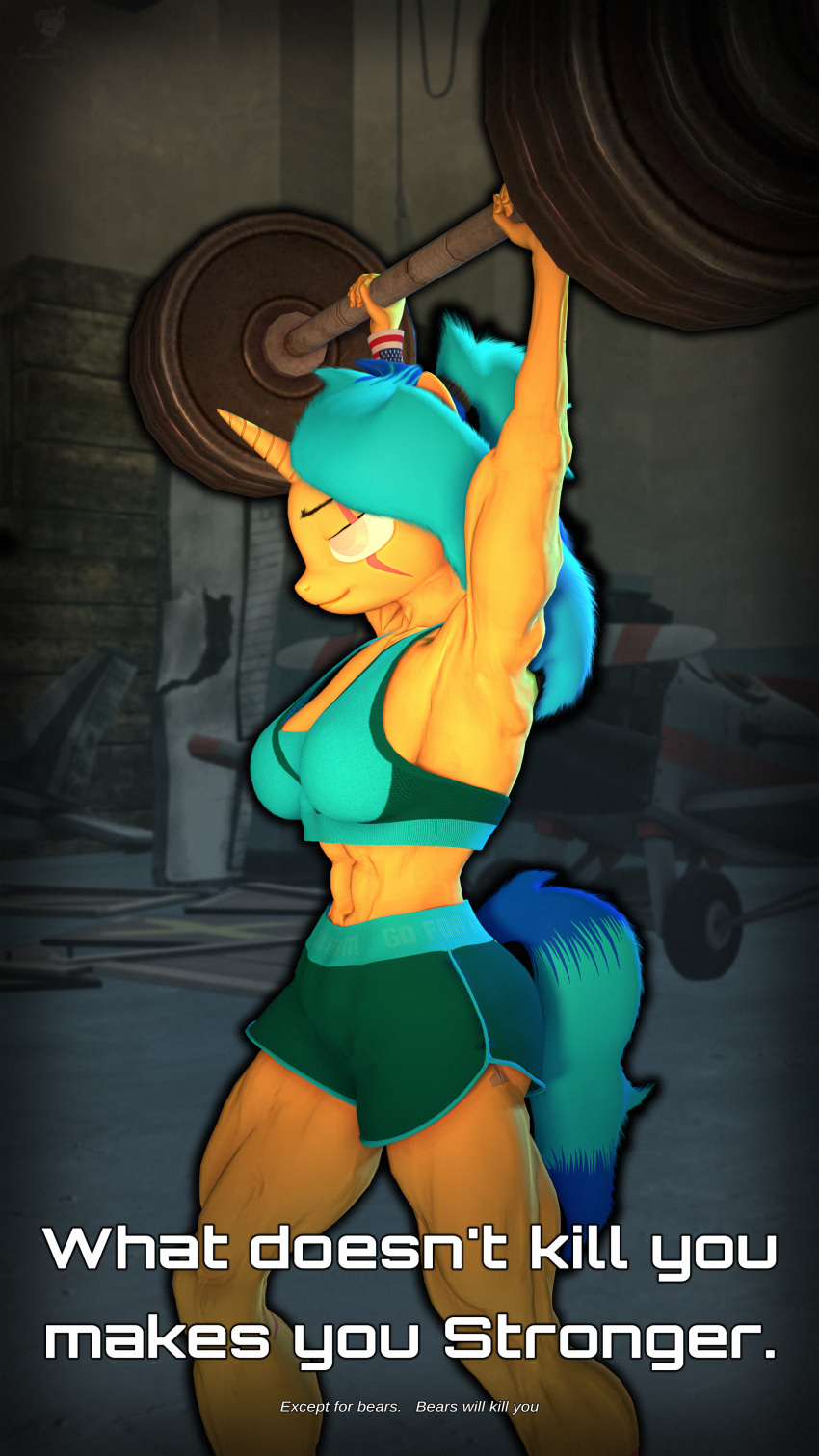 3d_(artwork) 4k abs absurd_res anthro barbell blind_eye bottomwear bra breasts butt clothed clothing cutie_mark digital_media_(artwork) equid equine exercise eye_scar facial_scar fan_character female flight_check fluffy fluffy_hair fluffy_tail friendship_is_magic fur gym_bottomwear gym_clothing gym_shorts hair hasbro hi_res horn horse mammal motivational_poster muscular muscular_anthro muscular_female my_little_pony navel pony revamped_anthros scar shorts silkworm205 simple_background smile solo source_filmmaker sports_bra tail text topwear underwear unicorn weightlifting weights workout