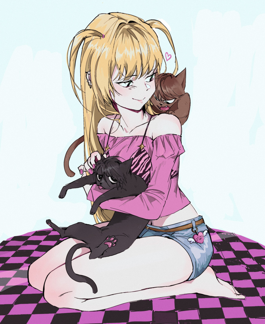 1girl absurdres amane_misa animal_hug animal_on_shoulder animalization bangs barefoot belt blonde_hair blue_shorts brown_belt cat checkered_floor closed_mouth commentary_request crop_top death_note denim denim_shorts ear_piercing feet fingernails green_eyes heart highres korean_commentary l_(death_note) long_hair long_sleeves looking_at_animal midriff nail_polish nenem_(kimnenemmm_art) off-shoulder_shirt off_shoulder piercing pink_nails pink_shirt seiza shirt short_shorts shorts simple_background sitting smile solo two_side_up white_background yagami_light