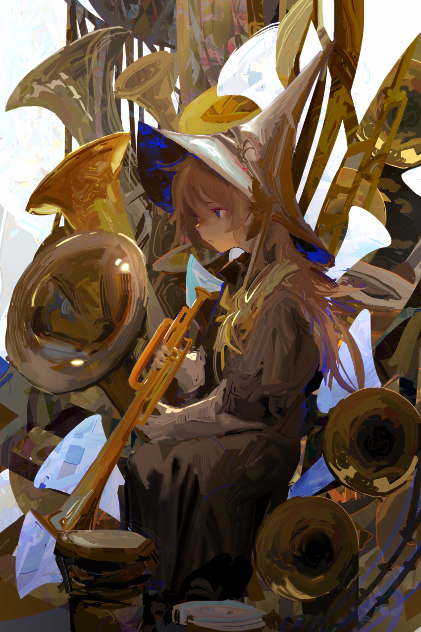 1girl absurdres blonde_hair brown_coat brown_headwear coat commentary english_commentary expressionless gloves hat highres holding holding_instrument instrument kevin_adi long_hair original purple_eyes sitting solo surreal trumpet tube white_gloves witch_hat