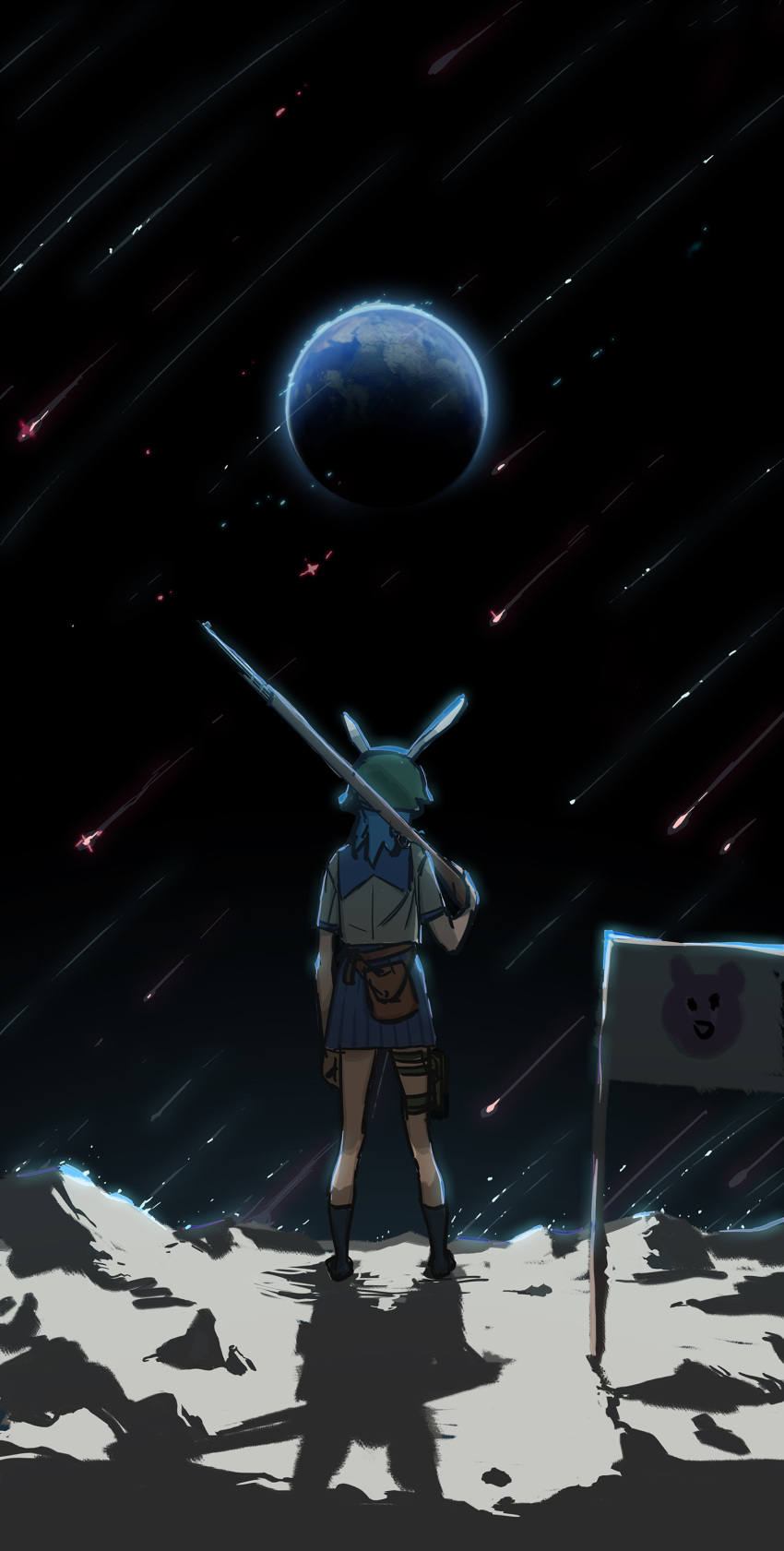 1girl absurdres animal_ears black_socks blue_hair blue_skirt commentary earth_(planet) flag from_behind full_body gun helmet highres holding holding_gun holding_weapon medium_hair moon musket on_moon planet pouch rabbit_ears reisen_(touhou_bougetsushou) sendai_(nazonomono) shirt shooting_star skirt socks solo space standing touhou weapon white_shirt