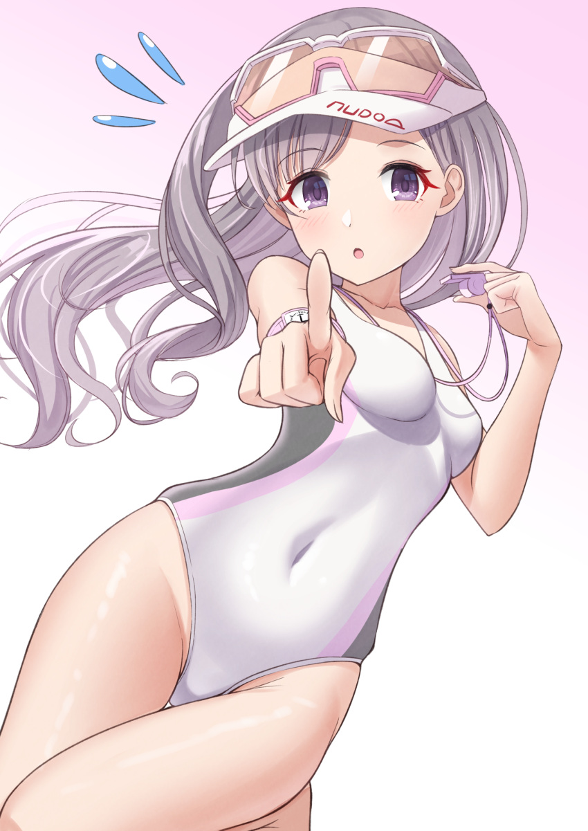 1girl breasts competition_swimsuit covered_navel cowboy_shot eyewear_on_head flying_sweatdrops gradient_background grey_eyes grey_hair highres idolmaster idolmaster_shiny_colors index_finger_raised long_hair one-piece_swimsuit osoba_susurukun small_breasts solo sunglasses swimsuit two-tone_swimsuit visor_cap whistle whistle_around_neck white_one-piece_swimsuit yukoku_kiriko