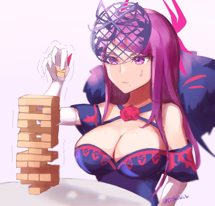 1girl bare_shoulders blue_dress breasts cleavage commentary_request criss-cross_halter dress elbow_gloves fire_emblem fire_emblem_engage gloves halterneck highres holding ivy_(fire_emblem) jenga large_breasts long_hair off-shoulder_dress off_shoulder purple_eyes purple_hair short_sleeves solo sweat upper_body white_gloves youhei_choregi