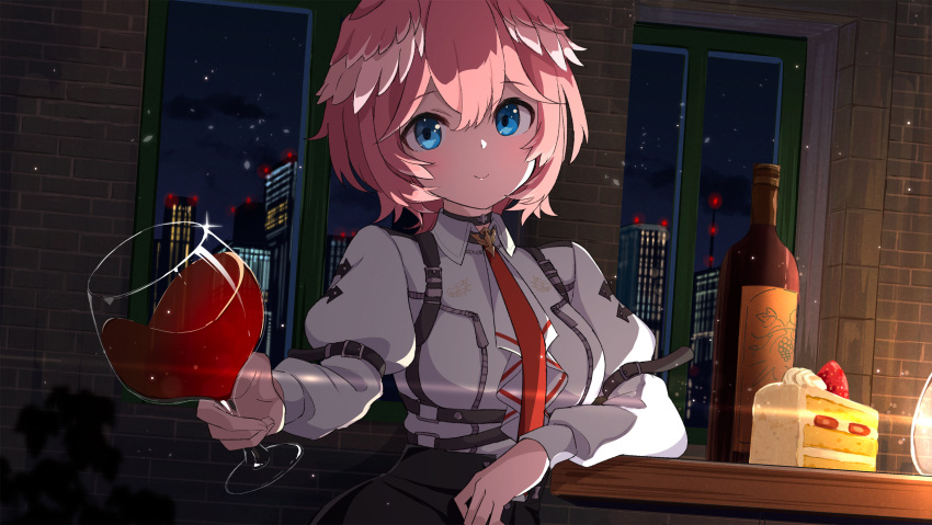 1girl alcohol ame. black_skirt blue_eyes bottle breasts brick_wall building cake cake_slice closed_mouth cloud collared_shirt commentary_request cup drinking_glass feathered_wings food fruit head_wings highres holding holding_cup hololive indoors long_sleeves looking_at_viewer medium_breasts night night_sky pink_hair pink_wings puffy_long_sleeves puffy_sleeves revision shirt skirt sky smile solo strawberry table takane_lui virtual_youtuber white_shirt white_wings window wine wine_bottle wine_glass wings