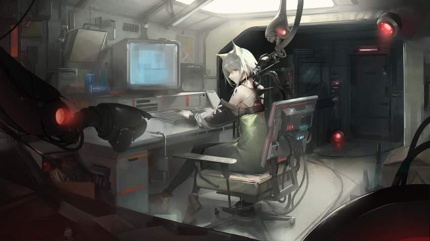 1girl absurdres animal_ear_fluff animal_ears aqua_eyes arknights bare_shoulders black_pantyhose blood boboyo cat_ears chair closed_mouth desk dress from_side full_body green_dress grey_hair highres indoors kal'tsit_(arknights) keyboard_(computer) long_sleeves looking_at_viewer looking_to_the_side machinery monitor off-shoulder_dress off_shoulder oripathy_lesion_(arknights) pantyhose short_hair sitting solo spikes watch wristwatch