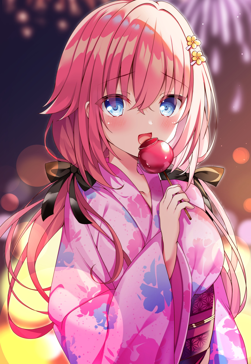 1girl :d absurdres black_ribbon blue_eyes blurry blurry_background blush breasts candy candy_apple commentary_request crossed_bangs eating eyelashes eyes_visible_through_hair festival fireworks floral_print food hair_between_eyes hair_ribbon hakugan hamidashi_creative hand_up highres holding holding_candy holding_food japanese_clothes kimono large_breasts lens_flare long_hair long_sleeves looking_at_viewer low_twintails night open_mouth outdoors pink_kimono red_hair red_sash ribbon sash smile solo tokiwa_kano twintails upper_body wide_sleeves yukata