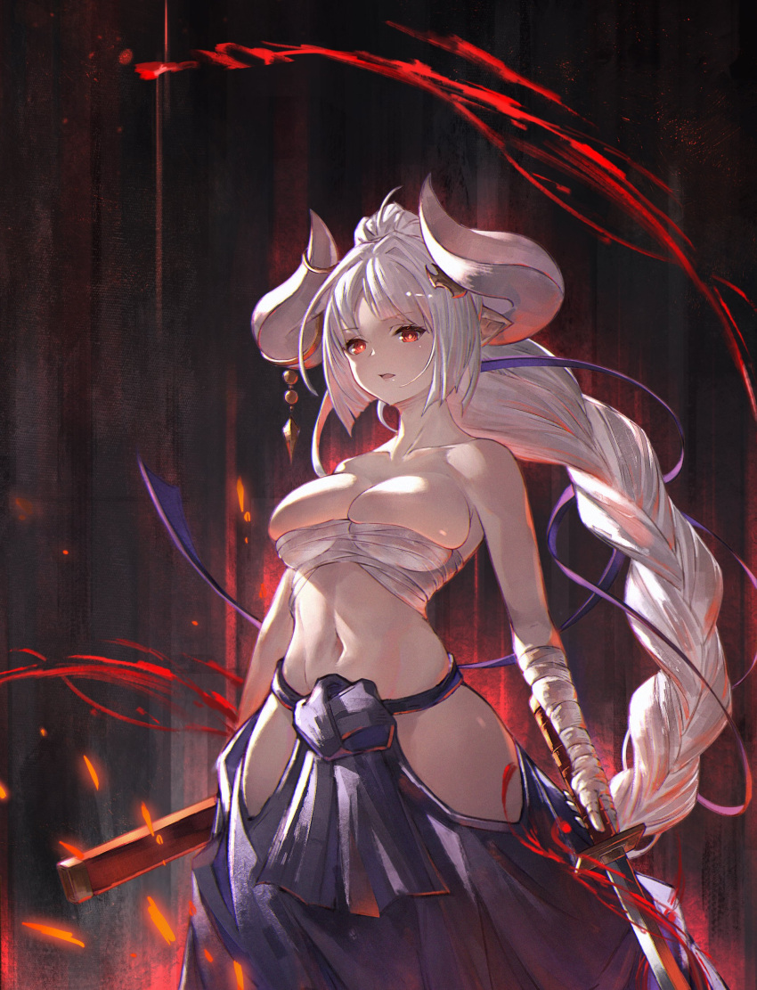 absurdres azusa_(granblue_fantasy) azusa_(summer)_(granblue_fantasy) bandaged_arm bandaged_hand bandages braid braided_ponytail breast_press breasts budget_sarashi draph granblue_fantasy grey_hair hair_ribbon highres hip_vent holding holding_sheath holding_sword holding_weapon horns japanese_clothes katana large_breasts long_hair navel official_alternate_costume official_alternate_hairstyle open_mouth pointy_ears purple_ribbon red_eyes ribbon sarashi sheath simple_background sword very_long_hair weapon yu_pian