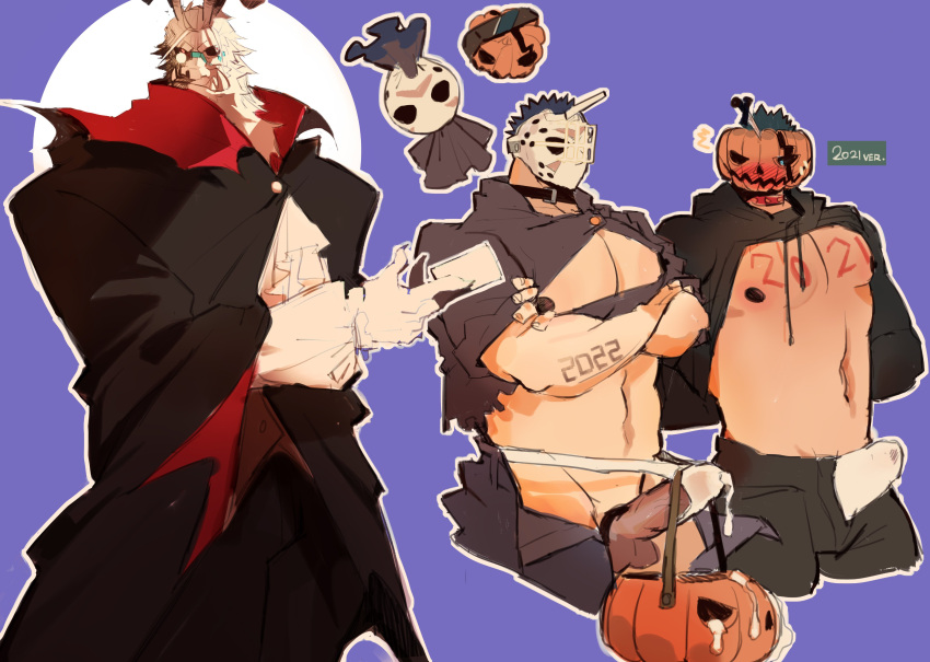 2021 2022 3boys absurdres bara bare_pectorals blush bulge card cropped_legs crossed_arms cum cum_in_clothes cum_through_clothes erection erection_under_clothes furry furry_male halloween halloween_costume highres hockey_mask holding holding_card jack-o'-lantern jack-o'-lantern_head large_pectorals male_focus male_underwear mask multiple_boys muscular muscular_male nipples open_fly open_pants original pants pectorals precum precum_through_clothes rathalosx4 round_eyewear shirt short_hair torn_clothes torn_shirt underwear vampire_costume white_male_underwear yaoi