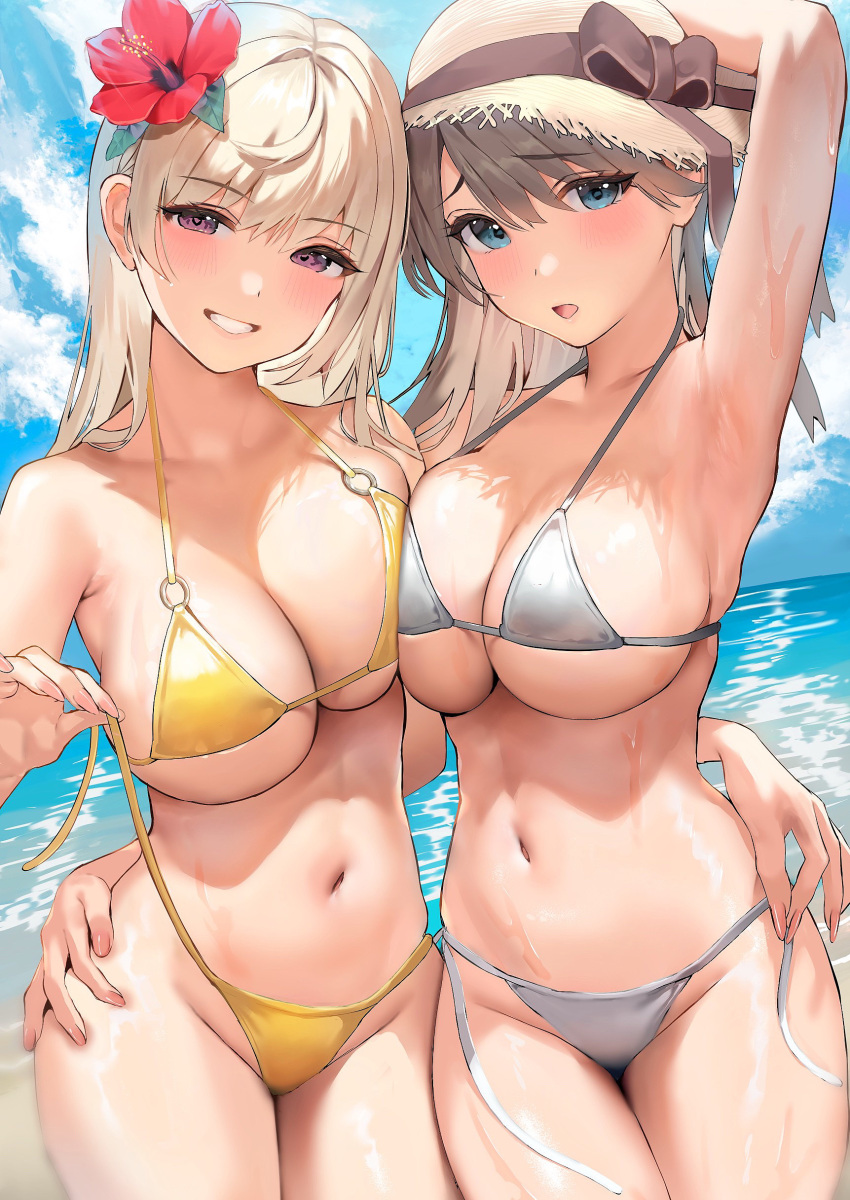 2girls :o absurdres arm_around_waist arm_up armpits bare_shoulders beach bikini blonde_hair blue_eyes blue_sky blush breast_press breasts brown_eyes brown_hair cleavage cloud collarbone commentary_request cowboy_shot day flower grey_bikini grin groin hair_flower hair_ornament hat hat_ribbon hibiscus highres horizon inushima large_breasts legs_together long_hair looking_at_viewer multiple_girls navel o-ring o-ring_bikini ocean open_mouth original outdoors ribbon skindentation sky smile standing stomach string_bikini sun_hat swimsuit thighs underboob untied_bikini wet white_bikini yellow_bikini