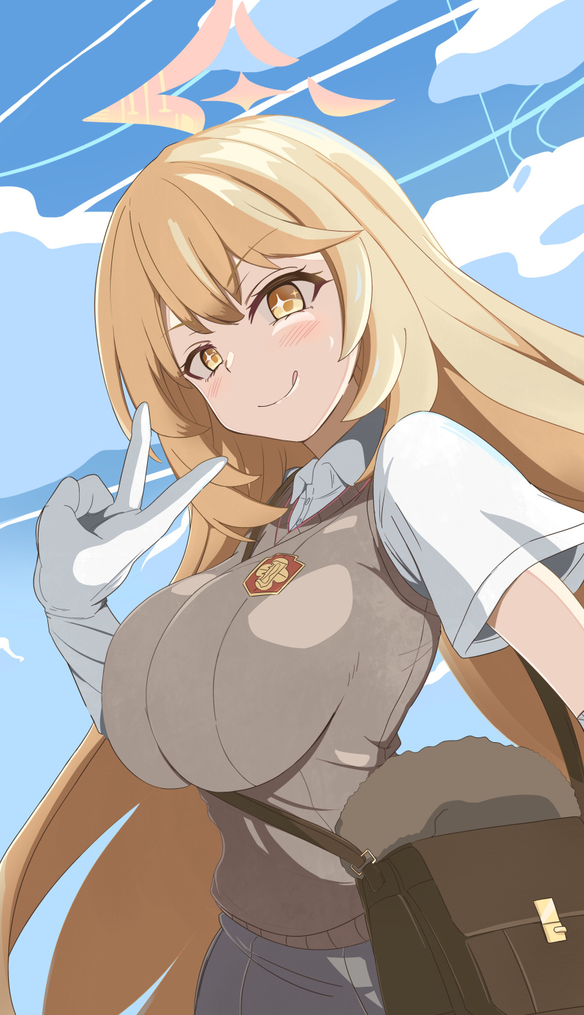 1girl :q absurdres alternate_breast_size bag blonde_hair blue_archive blue_sky breasts brown_sweater_vest cloud collared_shirt elbow_gloves gloves grey_skirt halo hand_up handbag highres huge_breasts long_hair looking_at_viewer pink_halo pleated_skirt riichi_(yamataku0) school_emblem school_uniform shirt shokuhou_misaki short_sleeves skirt sky smile solo sparkling_eyes star_halo summer_uniform sweater_vest toaru_kagaku_no_railgun toaru_majutsu_no_index tokiwadai_school_uniform tongue tongue_out v very_long_hair white_gloves white_shirt yellow_eyes