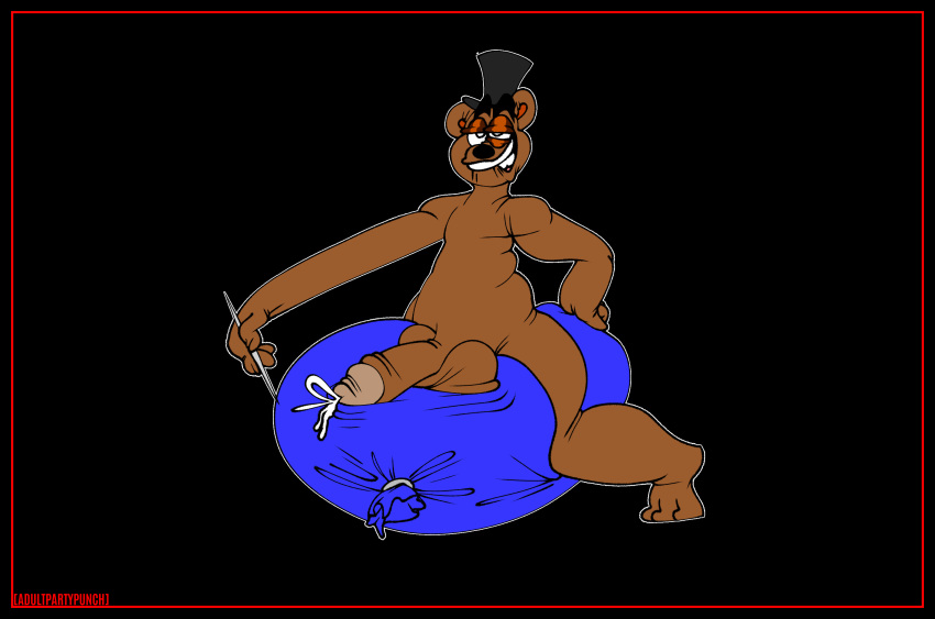 adultpartypunch animatronic anthro balloon_fetish balls bear bodily_fluids close_to_bursting clothing digital_media_(artwork) dry_humping erection five_nights_at_freddy's freddy_(fnaf) genital_fluids genitals hat headgear headwear hi_res humping humping_balloon inflatable looner machine male mammal nude penis robot scottgames simple_background solo toony