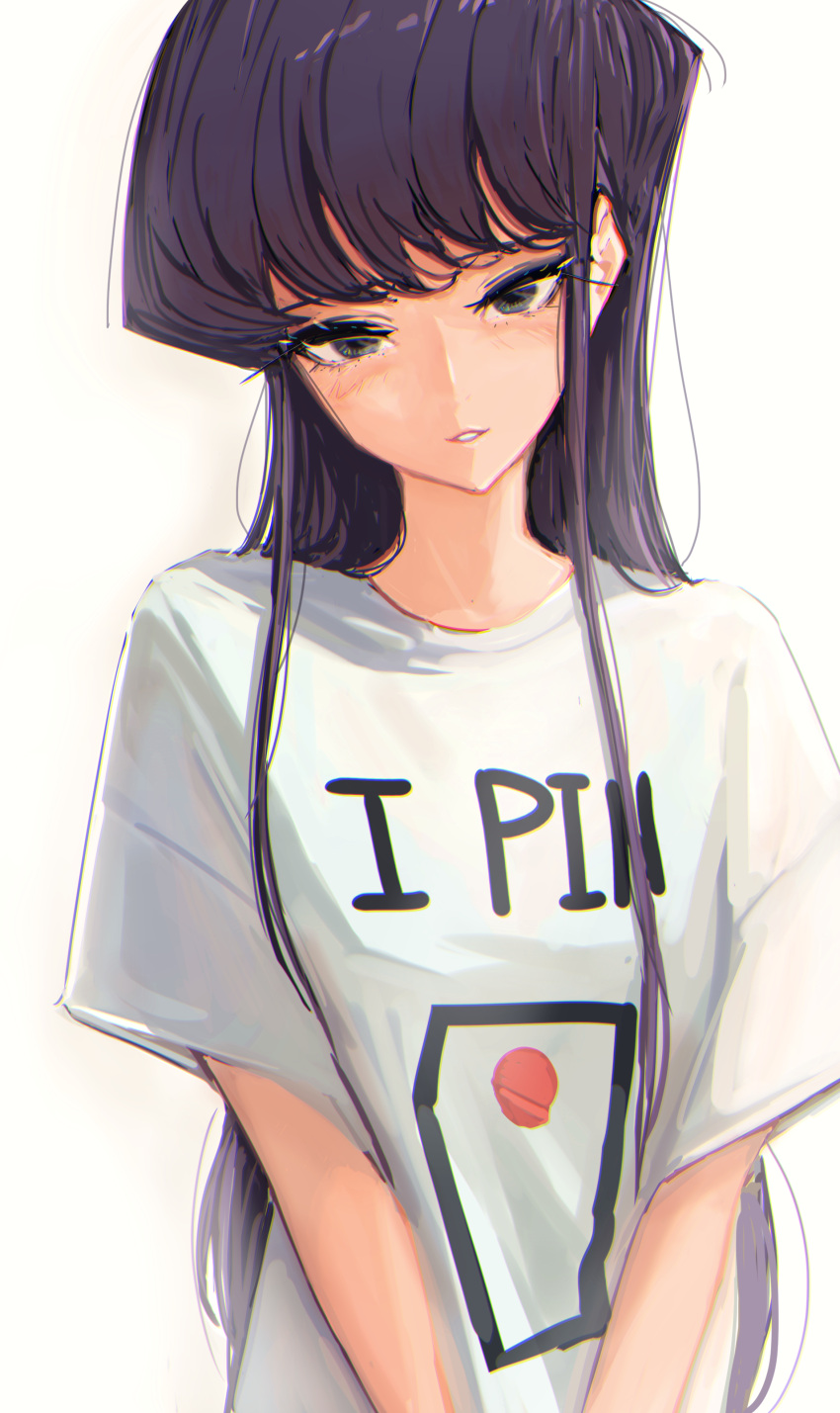 1girl absurdres baggy_clothes black_eyes blunt_bangs clothes_writing collarbone commentary_request head_tilt higemu highres komi-san_wa_komyushou_desu komi_shouko long_hair looking_at_viewer parted_lips print_shirt purple_hair shirt sidelocks simple_background solo swept_bangs teeth very_long_hair white_background white_shirt wide_sleeves