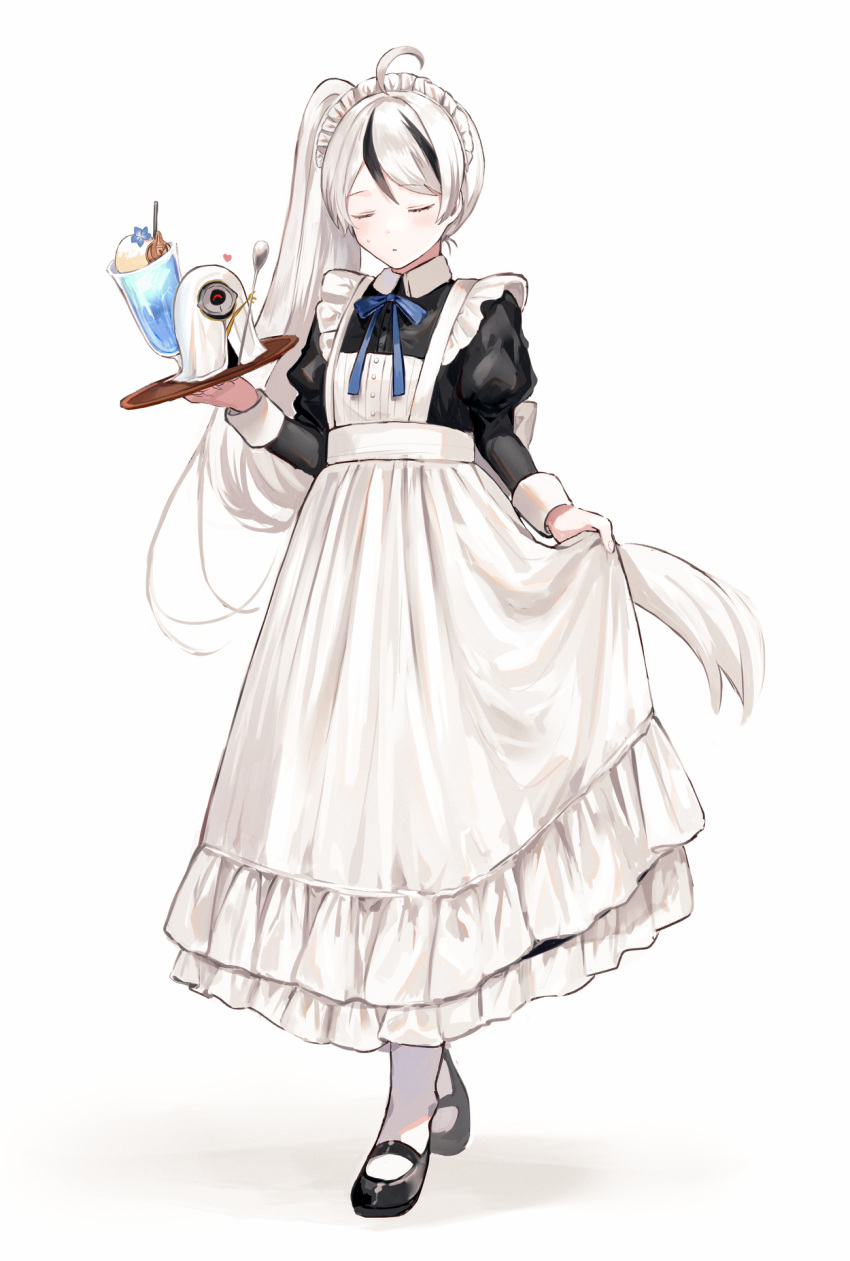 1boy ahoge alternate_costume apron black_dress black_footwear blue_ribbon closed_eyes closed_mouth crossdressing dress enmaided frilled_apron frills full_body gloria_(library_of_ruina) highres holding holding_tray juliet_sleeves library_of_ruina long_hair long_sleeves maid maid_headdress male_focus multicolored_hair neck_ribbon project_moon puffy_sleeves ribbon shoes simple_background socks solo streaked_hair tray very_long_hair white_apron white_background white_hair white_socks y_o_u_k_a yan_vismok