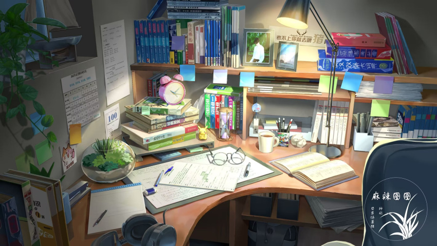 artist_logo binder book book_stack bookshelf calendar_(object) chair clock desk desk_lamp eraser figure glass_bowl glasses headphones highres indoors lamp no_humans office_chair original pen picture_frame pikachu scenery sticky_note still_life swivel_chair toy_boat xingzhi_lv