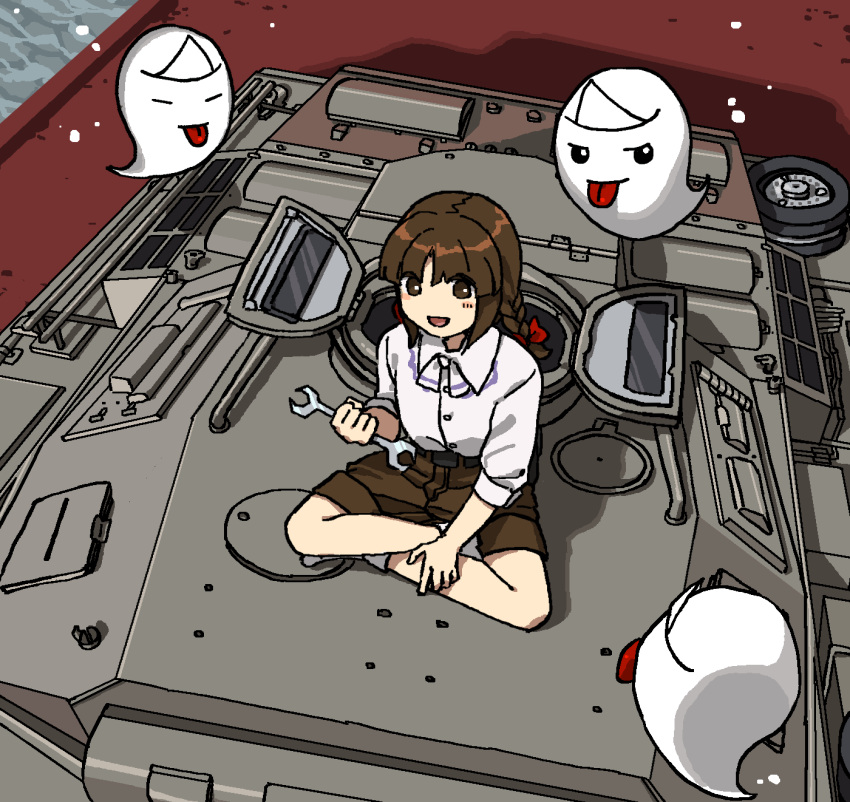 ascot bakebake_(touhou) braid brown_eyes brown_hair collared_shirt ghost highres kaigen_1025 long_hair military military_vehicle motor_vehicle pants rika_(touhou) shirt sitting smile story_of_eastern_wonderland tank tongue tongue_out tools touhou touhou_(pc-98) twin_braids white_shirt wrench