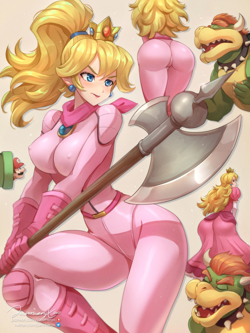 1girl ass blonde_hair blue_eyes bodysuit bowser breasts covered_nipples crown dress earrings elbow_gloves english_commentary facial_hair gloves hair_between_eyes hat highres holding holding_polearm holding_weapon jammeryx jewelry long_hair mario mario_(series) medium_breasts multiple_views mustache nipples patreon_logo patreon_username peaked_cap pink_bodysuit pink_dress pink_gloves polearm ponytail princess_peach red_headwear signature simple_background skin_tight sphere_earrings the_super_mario_bros._movie twitter twitter_logo weapon