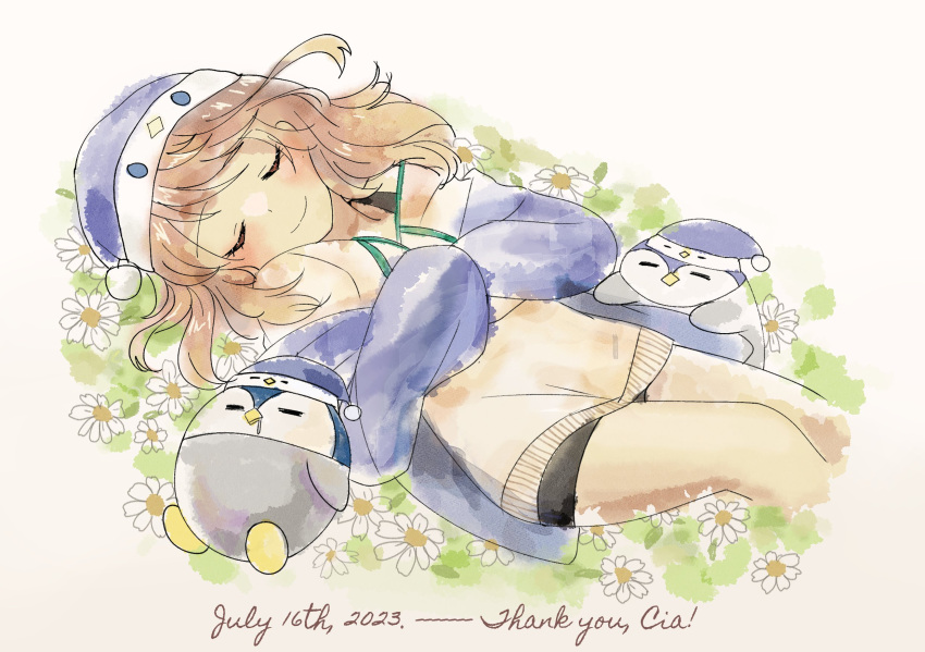 1girl amicia_michella bike_shorts bird blue_jacket brown_hair closed_eyes closed_mouth commentary cropped_legs english_commentary english_text flower hands_on_own_chest hat highres hood hoodie jacket karisu lying nijisanji nijisanji_id on_back on_grass orange_hoodie penguin penguin_hat sleeping smile solo timestamp virtual_youtuber white_background white_flower