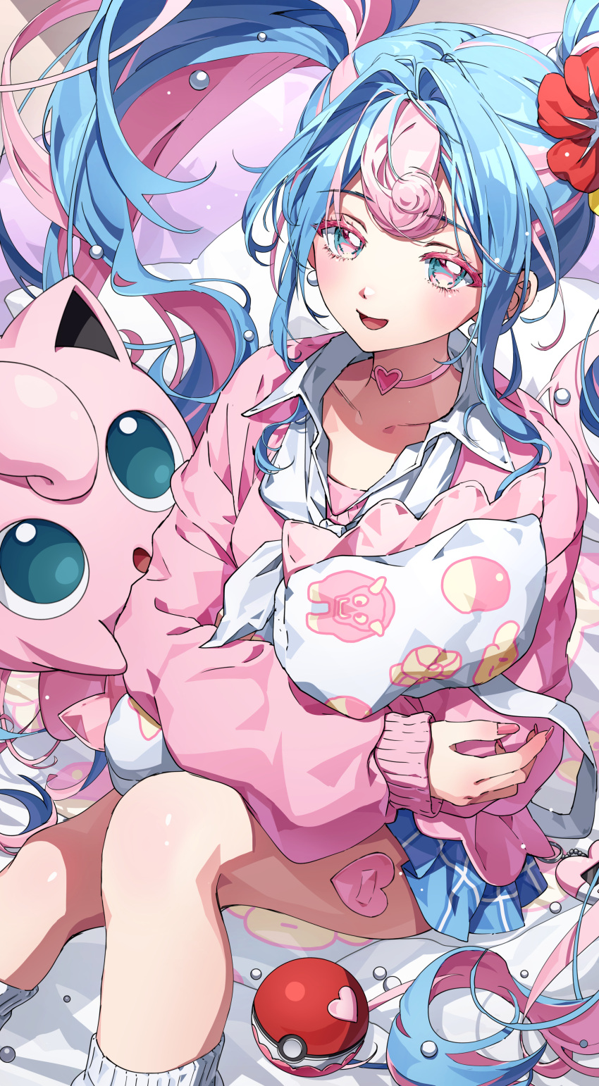1girl :o absurdres aqua_eyes blue_skirt blush bull_sprite_(pokemon) cardigan choker collarbone collared_shirt colored_eyelashes commentary curly_hair earrings fairy_miku_(project_voltage) fingernails flower fossil_sprite_(pokemon) hair_flower hair_intakes hair_ornament hatsune_miku heart heart_choker heart_stickers highres hugging_object husan jewelry jigglypuff leg_warmers legs long_fingernails long_hair long_sleeves looking_at_another multicolored_hair nail_polish neckerchief open_mouth pillow pillow_hug pink_cardigan pink_choker pink_eyes pink_hair pink_nails plaid plaid_skirt poke_ball poke_ball_(basic) poke_ball_print pokemon pokemon_(creature) pokewalker project_voltage red_flower shirt skirt sleeves_past_wrists smile sticker_on_leg streaked_hair thighs twintails two-tone_eyes two-tone_hair vocaloid white_bag white_leg_warmers white_neckerchief white_shirt