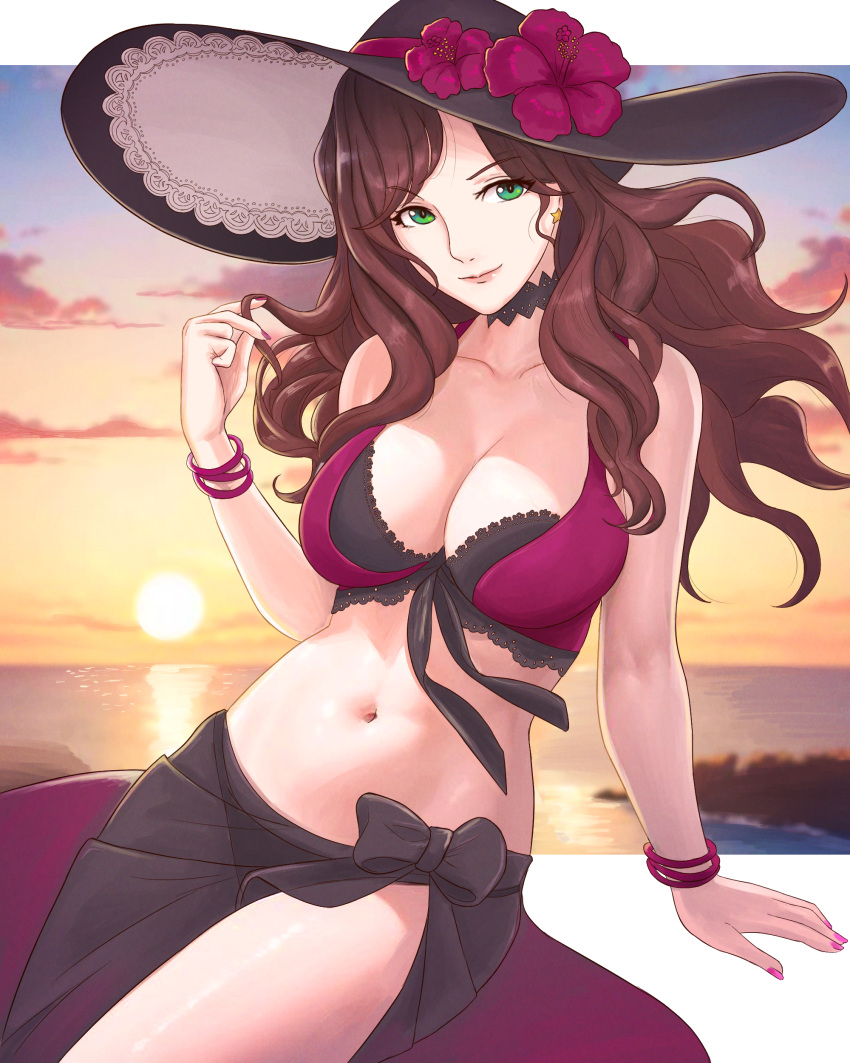 1girl absurdres bangle bikini black_bikini black_sarong bracelet breasts brown_hair dorothea_arnault dorothea_arnault_(summer) earrings fire_emblem fire_emblem:_three_houses fire_emblem_heroes green_eyes hair_twirling hat highres jewelry lace-trimmed_headwear lace_trim lips long_hair looking_at_viewer medium_breasts multicolored_clothes multicolored_swimsuit navel ocean official_alternate_costume pink_lips red_bikini sarong smile solo star_(symbol) star_earrings sun sun_hat sunset swimsuit truejekart