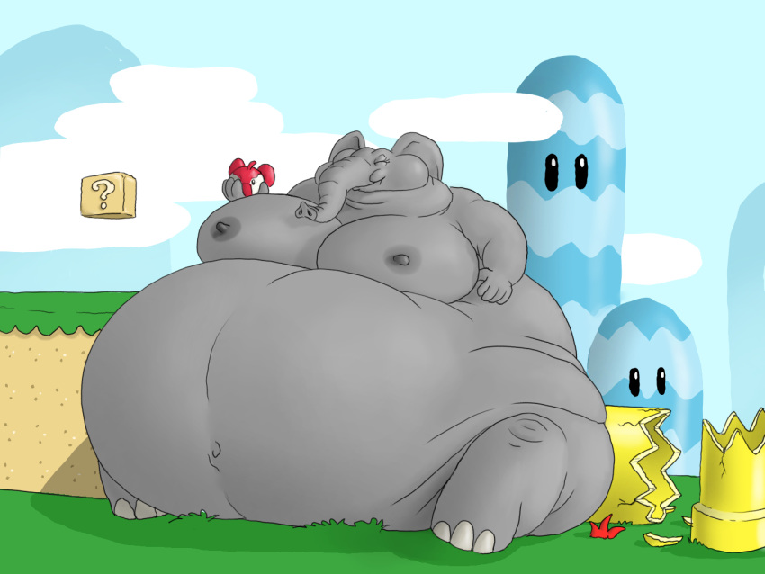 2023 anthro belly big_belly big_breasts breasts broken cloud elephant elephant_powerup elephantid eyelashes eyes_closed female gandere grass hill holding_object humanoid_hands immobile mammal mario_bros morbidly_obese morbidly_obese_anthro morbidly_obese_female mouth_closed navel nintendo nipples nude obese obese_anthro obese_female outside overweight overweight_anthro overweight_female pipe plant proboscidean question_block sitting smile solo super_mario_bros_wonder warp_pipe