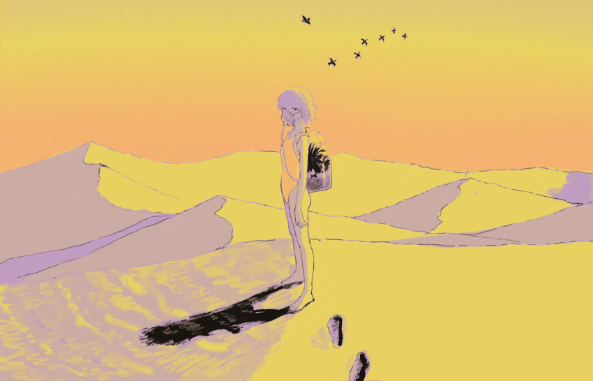 1girl backpack bag bare_arms bare_legs barefoot bird commentary footprints full_body highres kgeroua looking_at_viewer one-piece_swimsuit orange_sky orange_theme original oxygen_mask sand_dune short_hair sky solo swimsuit symbol-only_commentary