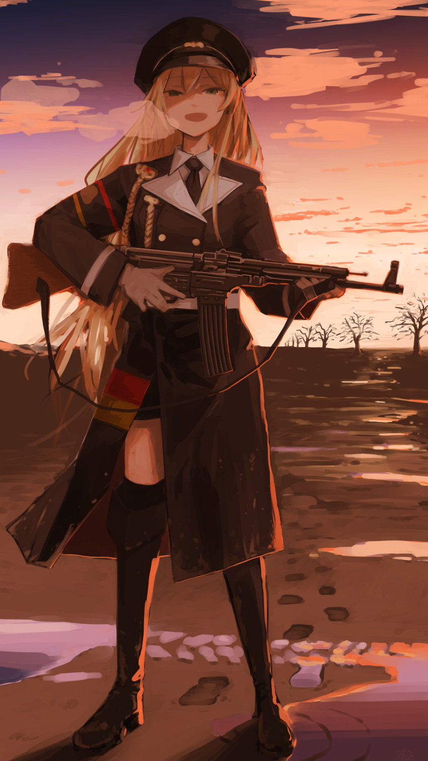 1girl absurdres aiguillette bare_tree black_footwear black_jacket black_necktie black_thighhighs blonde_hair boots breath character_request collared_shirt commentary_request commission copyright_request girls'_frontline green_eyes gun highres holding holding_gun holding_weapon jacket kappa_modoki long_hair long_sleeves looking_at_viewer military_uniform necktie open_mouth shirt skeb_commission stg44_(girls'_frontline) thighhighs tree uniform very_long_hair weapon weapon_request white_shirt