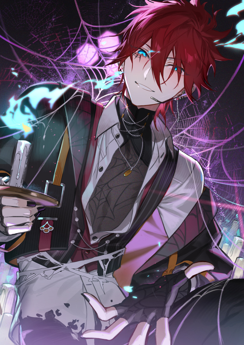 1boy absurdres aleo amagi_rinne aqua_eyes black_gloves black_nails buttons candle candle_wax collared_shirt commentary ensemble_stars! fingerless_gloves fingernails gloves hair_between_eyes high_collar highres holding jewelry long_sleeves looking_at_viewer male_focus microphone necklace official_alternate_costume open_collar outstretched_hand red_hair shirt short_hair silk solo spider_web symbol-only_commentary teeth