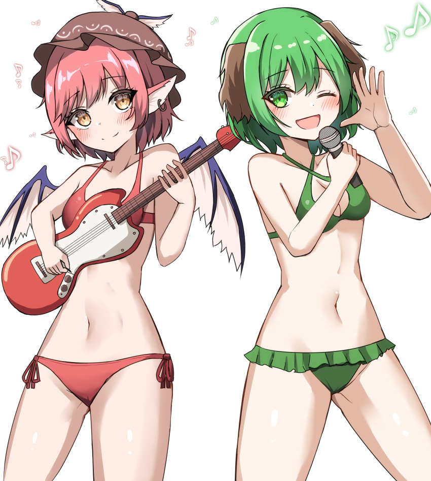 2girls absurdres animal_ears bikini bird_ears bird_wings blush breasts brown_headwear choujuu_gigaku closed_mouth collarbone dog_ears earrings eighth_note electric_guitar green_bikini green_eyes green_hair guitar hair_between_eyes hat highres holding holding_instrument holding_microphone instrument jewelry kasodani_kyouko kiui_(dagk8254) microphone multiple_girls music musical_note mystia_lorelei navel one_eye_closed open_mouth pink_hair playing_instrument red_bikini short_hair simple_background single_earring small_breasts smile swimsuit touhou white_background white_wings winged_hat wings yellow_eyes