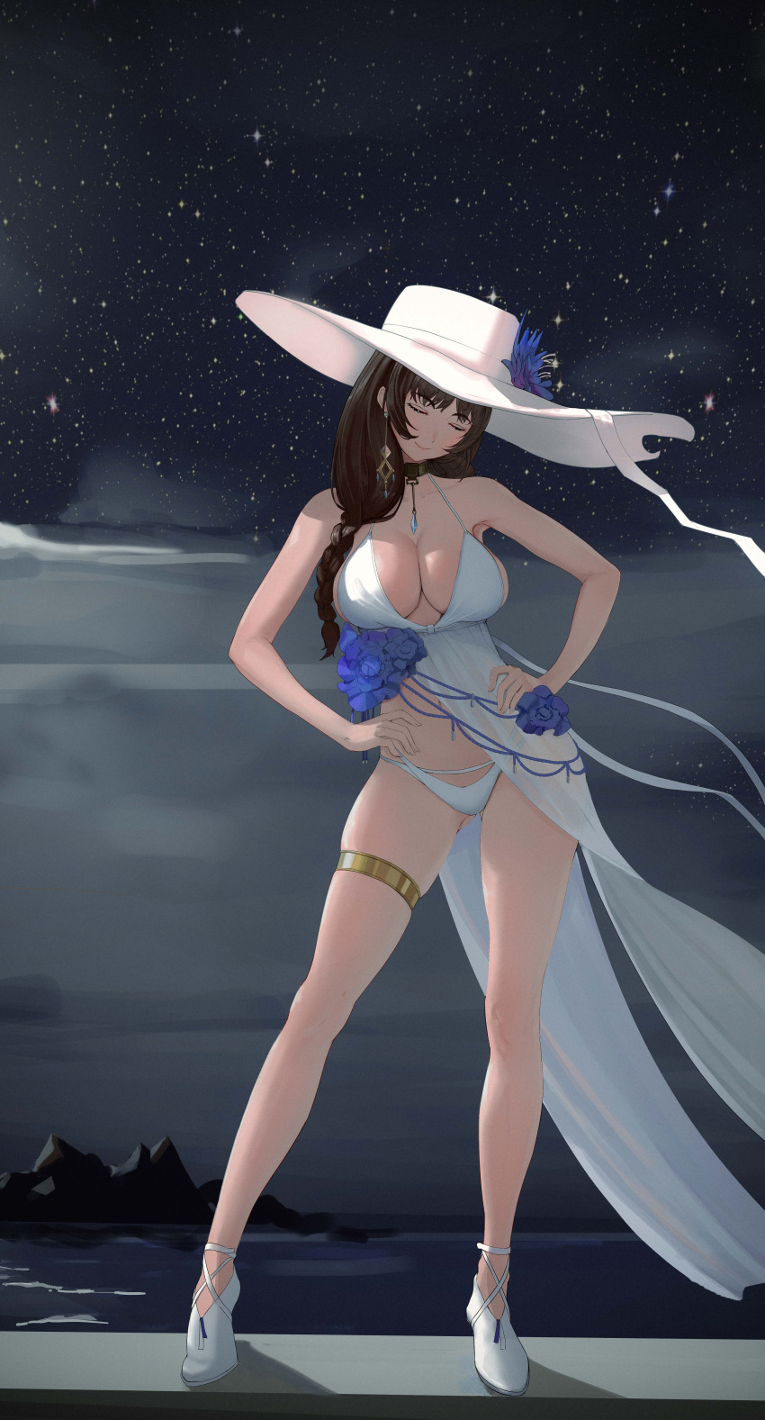 1girl absurdres braid braided_ponytail breasts closed_eyes closed_mouth dress_swimsuit earrings elias2art goddess_of_victory:_nikke hands_on_own_hips hat high_heels highres jewelry large_breasts mary_(bay_goddess)_(nikke) mary_(nikke) necklace night outdoors smile solo standing sun_hat swimsuit thigh_strap