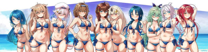 6+girls absurdres ahoge aqua_eyes aqua_hair arthur_ko bare_arms bare_legs bare_shoulders beret bikini black_choker black_ribbon blonde_hair blue_bikini blue_eyes blue_hair blush braid breasts brown_eyes brown_hair choker closed_mouth collarbone commentary_request cosplay cowboy_shot front-tie_bikini_top front-tie_top green_eyes grey_hair grin groin hair_between_eyes hair_flaps hair_ornament hair_ribbon hairclip hand_on_own_hip harusame_(kancolle) hat heterochromia highres holding holding_whistle index_finger_raised kantai_collection kawakaze_(kancolle) kawakaze_kai_ni_(kancolle) large_breasts leaning_forward light_brown_hair long_hair looking_at_viewer low_twintails medium_breasts mole mole_under_eye multiple_girls murasame_(kancolle) murasame_kai_ni_(kancolle) navel ocean pink_hair red_eyes red_hair ribbon samidare_(kancolle) shigure_(kancolle) shigure_kai_san_(kancolle) shigure_kai_san_(kancolle)_(cosplay) shiratsuyu_(kancolle) shiratsuyu_kai_ni_(kancolle) side_ponytail sidelocks single_braid small_breasts smile suzukaze_(kancolle) swimsuit thigh_strap twin_braids twintails twitter_username two_side_up umikaze_(kancolle) umikaze_kai_ni_(kancolle) very_long_hair whistle whistle_around_neck white_headwear wide_image yamakaze_(kancolle) yamakaze_kai_ni_(kancolle) yellow_eyes yuudachi_(kancolle) yuudachi_kai_ni_(kancolle)