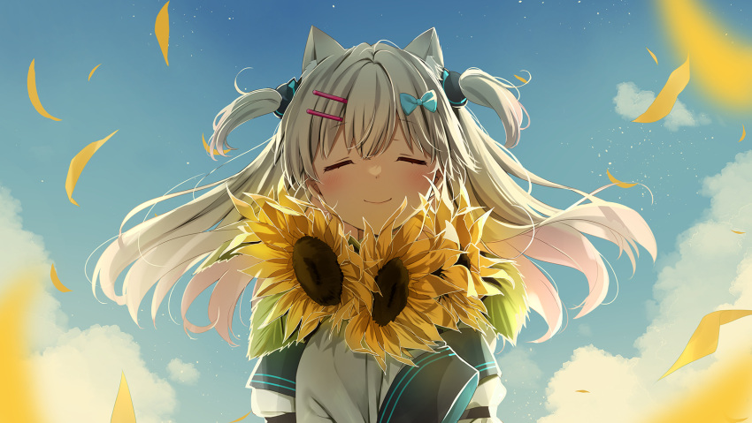 1girl animal_ear_fluff animal_ears blue_bow blue_sky bow cat_ears closed_eyes closed_mouth cloud day facing_viewer flower grey_hair hair_bow hair_ornament hairclip highres indie_virtual_youtuber jacket long_hair long_sleeves natsume_eri natsume_eri_(vtuber) object_hug outdoors petals sky sleeves_past_fingers sleeves_past_wrists solo sunflower two_side_up virtual_youtuber white_jacket yellow_flower