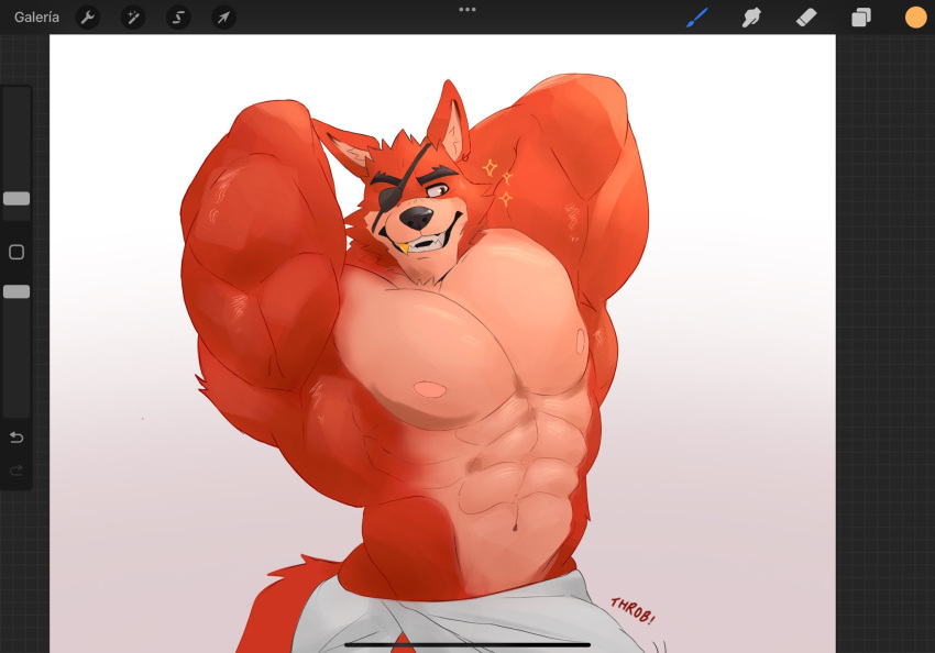 abs anthro biceps bulge canid canine eye_patch eyewear five_nights_at_freddy's fox foxy_(fnaf) genitals hi_res male mammal muscular muscular_anthro muscular_male pecs penis scottgames solo throbbing_penis tonygonza15 towel