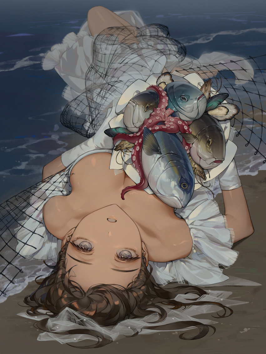 1girl absurdres bare_shoulders beach bouquet breasts bridal_veil bride brown_hair clam dress fish fishing_net gloves grey_eyes head_back highres large_breasts looking_back lying ocean octopus off-shoulder_dress off_shoulder on_back original shrimp solo veil water white_dress white_gloves zzom_b