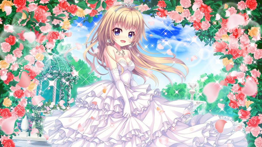 1girl bare_shoulders blue_eyes blue_sky breasts cleavage cloud cloudy_sky day dot_nose dress earrings elbow_gloves film_grain flower fountain game_cg gazebo gloves holding holding_clothes holding_skirt itsumura_haruka izumi_tsubasu jewelry layered_skirt lens_flare light_brown_hair long_hair medium_breasts necklace non-circular_lens_flare non-web_source official_art open_mouth orange_flower orange_rose petals pink_flower pink_rose re:stage! red_flower red_rose rose rose_petals skirt sky sleeveless sleeveless_dress smile solo sparkle strapless strapless_dress tiara wedding_dress white_gloves white_skirt