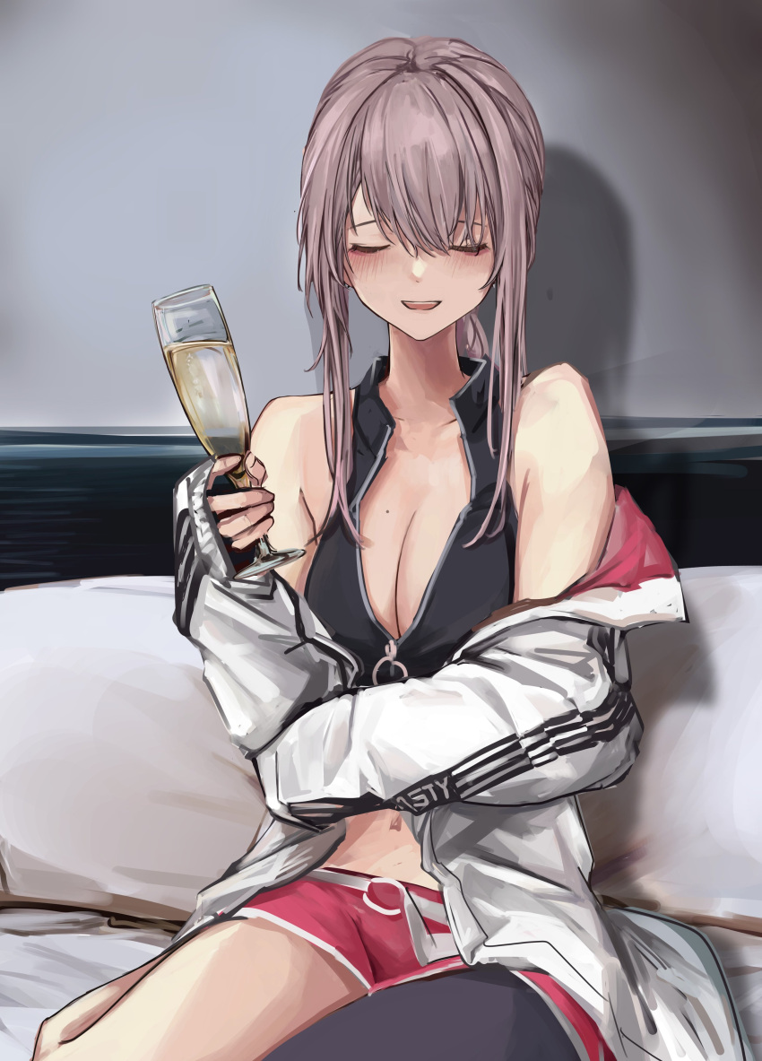 1girl absurdres ar-57_(girls'_frontline) bare_shoulders breasts brown_hair cleavage closed_eyes cup drinking_glass girls'_frontline highres holding holding_cup jacket jacket_partially_removed large_breasts lithographica long_sleeves midriff mole mole_on_breast on_bed open_mouth pillow ponytail short_shorts shorts sidelocks single_thighhigh sitting solo thighhighs wine_glass