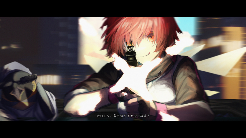 1girl 1other absurdres aiming aiming_at_viewer arknights black_gloves black_sleeves blurry closed_mouth commentary_request detached_wings energy_wings exusiai_(arknights) film_grain fingerless_gloves firing_at_viewer gloves gun gyoukan_(jfxc) highres jacket kriss_vector letterboxed licking_lips motion_blur orange_eyes red_hair short_hair submachine_gun the_emperor_(arknights) tongue tongue_out translation_request weapon white_jacket wings