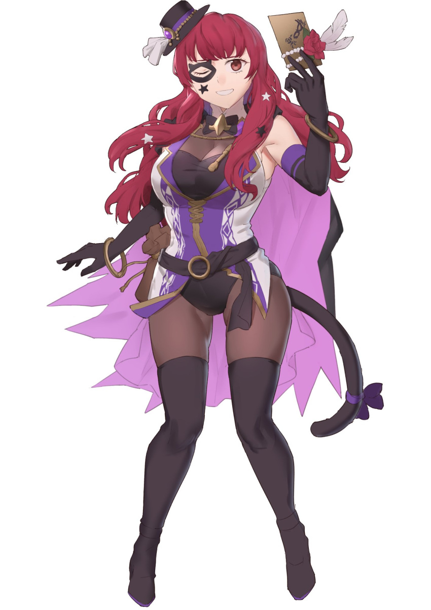 1girl alternate_costume bare_shoulders black_cape black_gloves black_headwear black_thighhighs bodystocking bracelet breasts calling_card cape cat_tail cath_(fire_emblem) cath_(fire_emblem)_(cosplay) cath_(thief)_(fire_emblem) choker cleavage commission cosplay ebinku elbow_gloves facial_mark fake_tail fire_emblem fire_emblem:_the_binding_blade fire_emblem_engage fire_emblem_heroes full_body gloves grin hair_ornament hat highres holding jewelry large_breasts leotard long_hair looking_at_viewer mini_hat one_eye_closed purple_cape red_eyes red_hair simple_background smile solo star_(symbol) star_facial_mark star_hair_ornament tail thighhighs white_background yunaka_(fire_emblem)