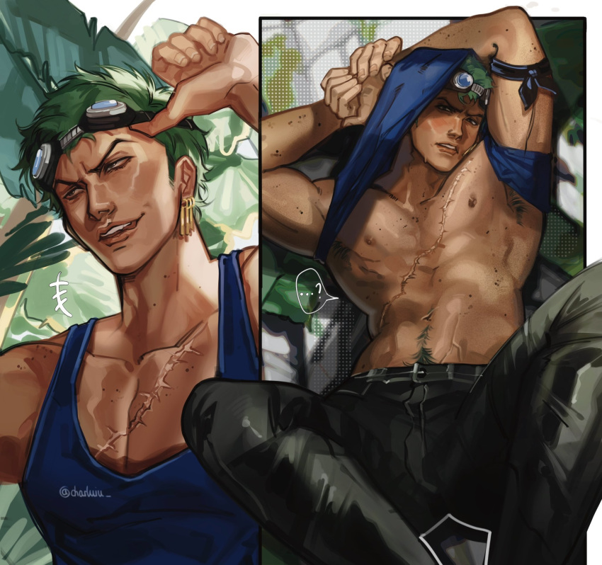 1boy abs armpit_hair armpit_peek bara bare_pectorals black_pants blue_tank_top charluiu clothes_lift collage goggles goggles_on_head green_hair highres inset_border lifted_by_self looking_at_viewer male_focus muscular muscular_male naughty_face navel navel_hair nipples official_alternate_costume one_piece outside_border pants pectorals roronoa_zoro scar shirt_lift short_hair sideburns_stubble smile smirk spread_legs stitches stomach tank_top toned toned_male undressing