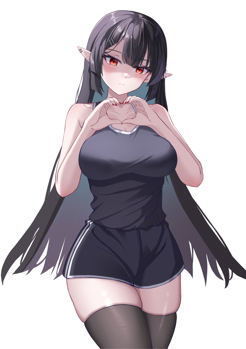 1girl absurdres bare_shoulders black_hair black_shirt black_shorts black_thighhighs breasts closed_mouth copyright_request cowboy_shot ear_piercing expressionless hands_up heart heart_hands highres kaijiba large_breasts legs_together long_hair looking_at_viewer nail_polish piercing pointy_ears red_eyes red_nails shirt shirt_tucked_in shorts skindentation solo thighhighs very_long_hair