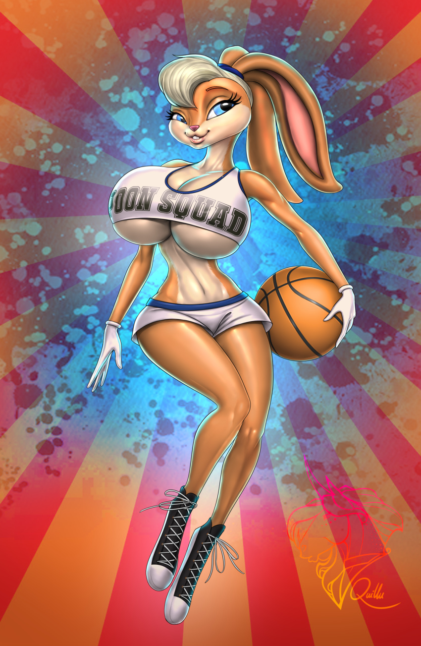 ball basketball_(ball) big_breasts blonde_hair bottomwear breasts clothing female footwear gloves hair handwear hi_res hotpants lagomorph leporid lola_bunny looney_tunes mammal quillu rabbit shoes shorts sneakers solo under_boob warner_brothers